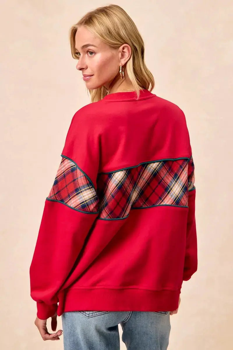 BiBi Christmas Theme Plaid Block Sweatshirt with Binding by Trendsi
