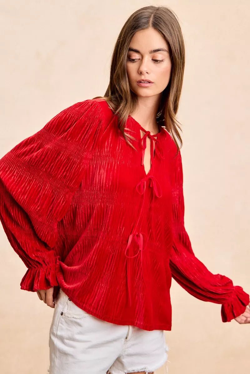 BiBi Christmas Theme Velvet Bow Tied Top With Neck Drop - Bitsy Gypsy Boutique