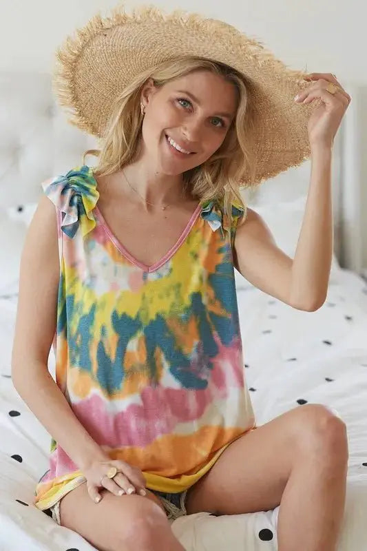 BiBi Circular Tie Dye Knit V Neck Top With Ruffle by Trendsi