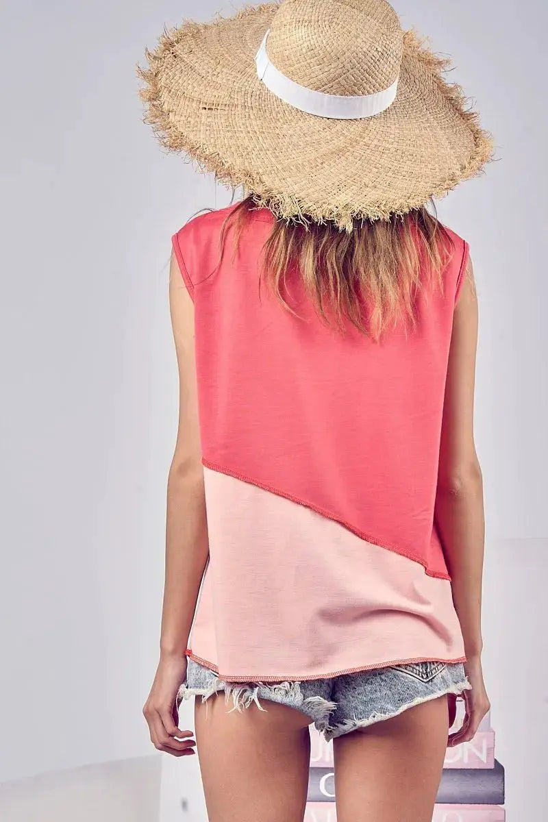 BiBi Color Block Contrast Stitching Buttoned Henley Top by Trendsi