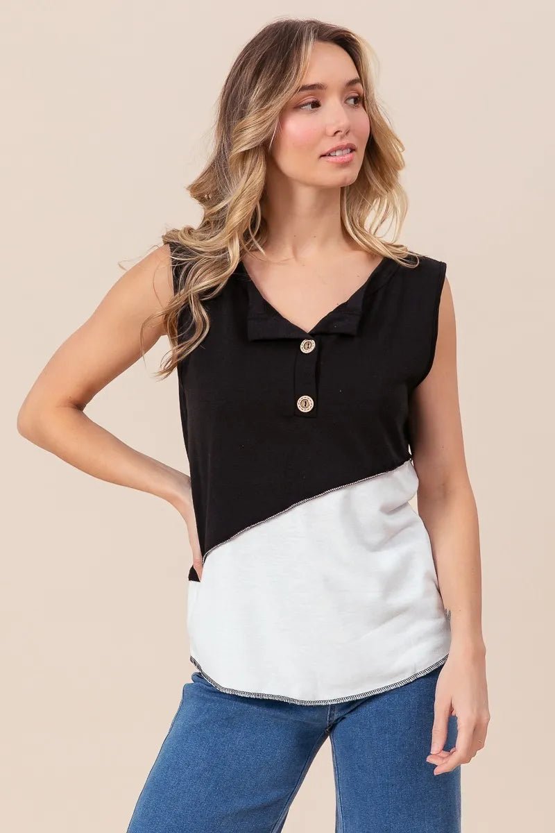 BiBi Color Block Contrast Stitching Buttoned Henley Top - Bitsy Gypsy Boutique