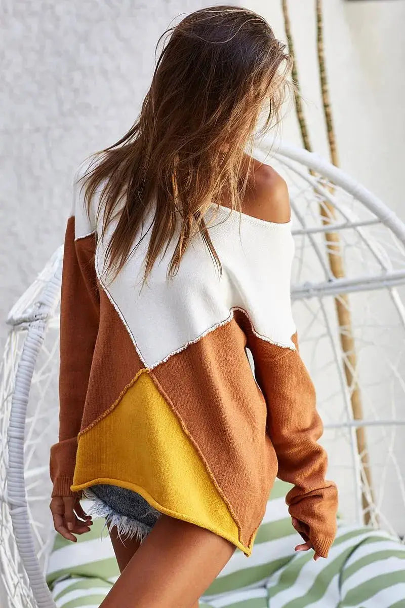 BiBi Color Block Geometric Sweater by Trendsi