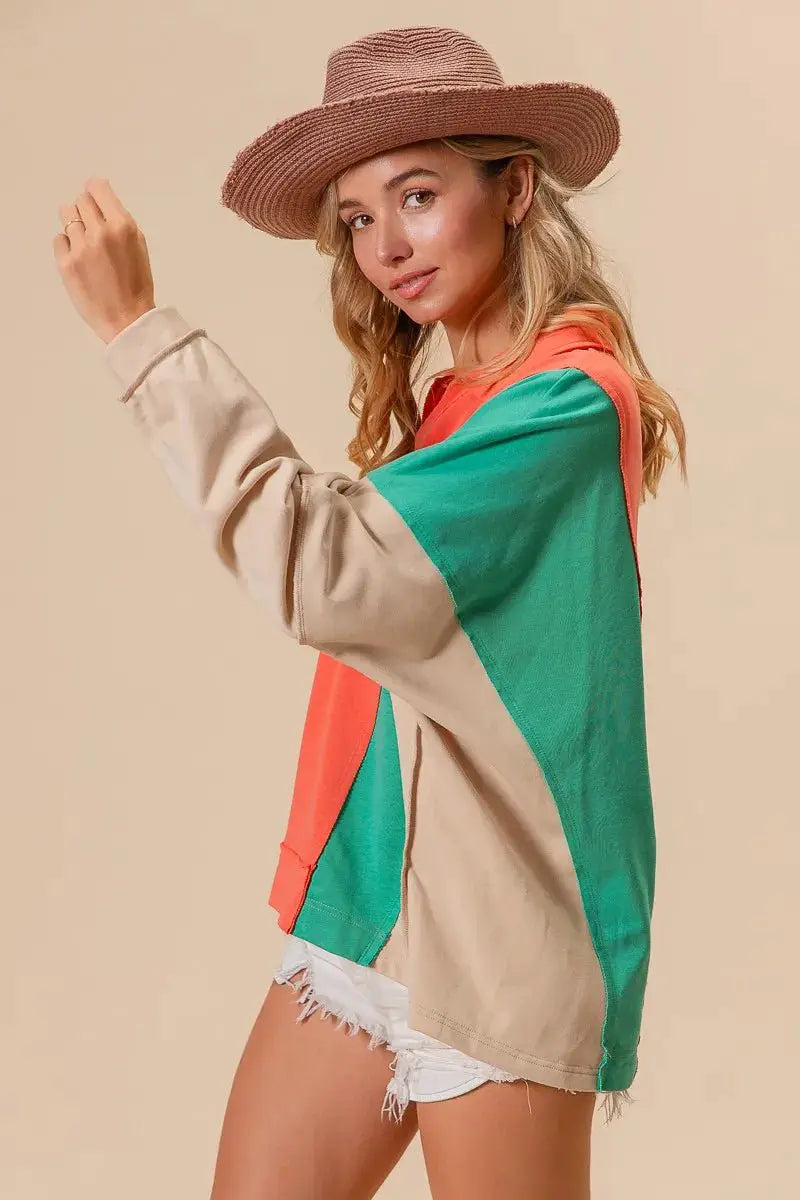 BiBi Colorblock Exposed Seam French Terry Sweatshirt by Trendsi
