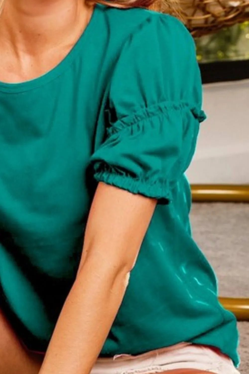 BiBi Cotton Span Shrring Detailed Round Neck Top - Bitsy Gypsy Boutique