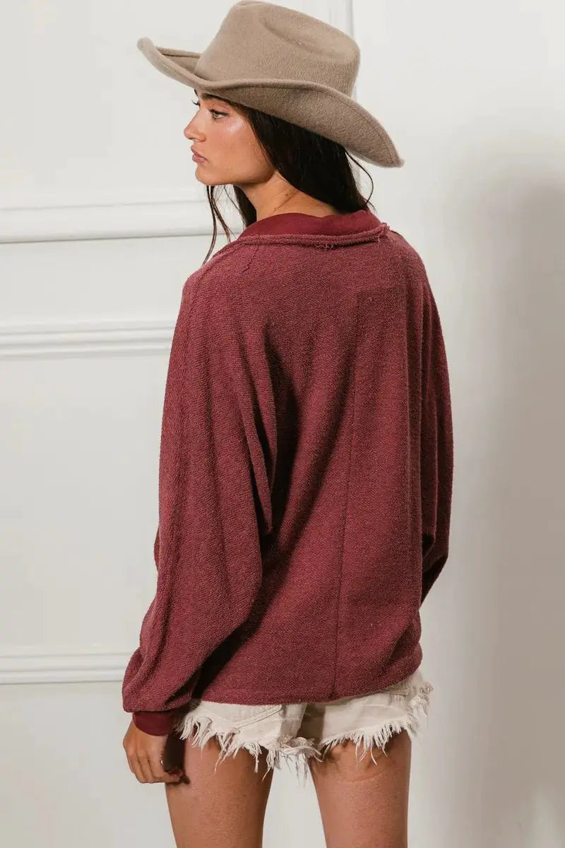 BiBi Cp French Terry Cut Edge Detail Collared Top by Trendsi