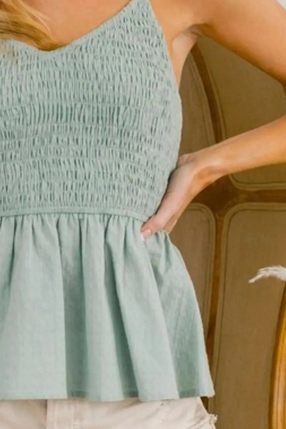 BiBi Eyelet Woven Sleeveless Elasticized Top by Trendsi