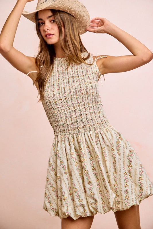 BiBi Floral Bow Tie Attachable Puff Sleeves Dress - Bitsy Gypsy Boutique