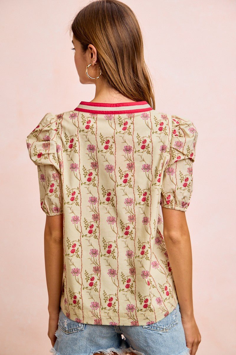 BiBi Floral Gather Sleeves Contrast Neckband Blouse Top - Bitsy Gypsy Boutique