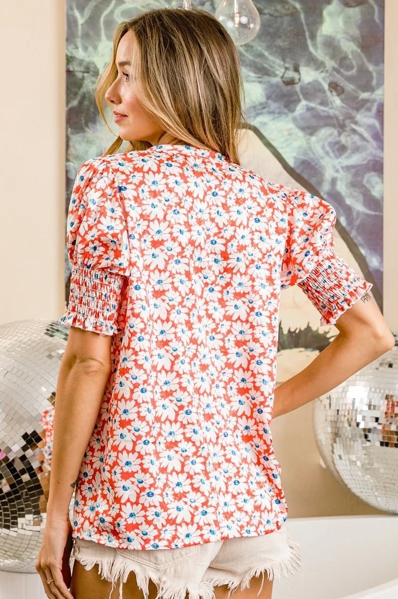 BiBi Floral Jqd Smoked Puff Sleeves V Neck Top - Bitsy Gypsy Boutique