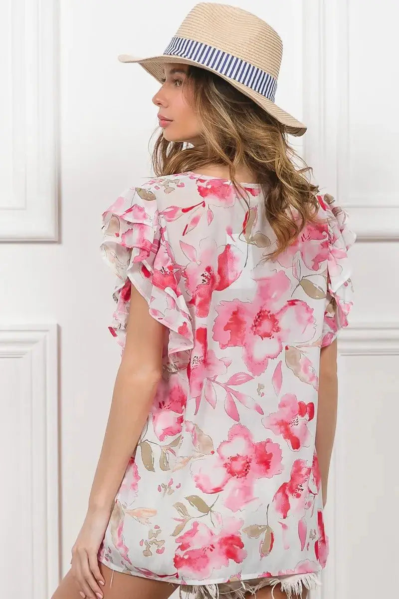 BiBi Floral Print Flutter Sheer Top by Trendsi