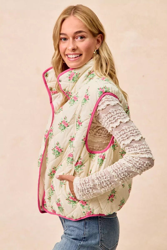 BiBi Floral Print Piping Detail Quilted Vest - Bitsy Gypsy Boutique