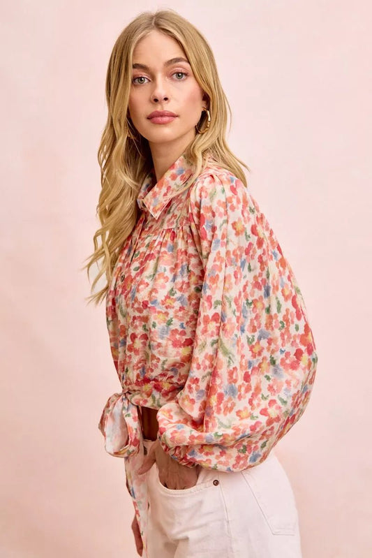 BiBi Floral Print Tie Hem Detail Crop Shirt - Bitsy Gypsy Boutique