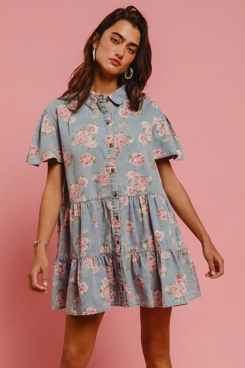 BiBi Floral Print Washed Lightweight Tiered Shirt Dress - Bitsy Gypsy Boutique