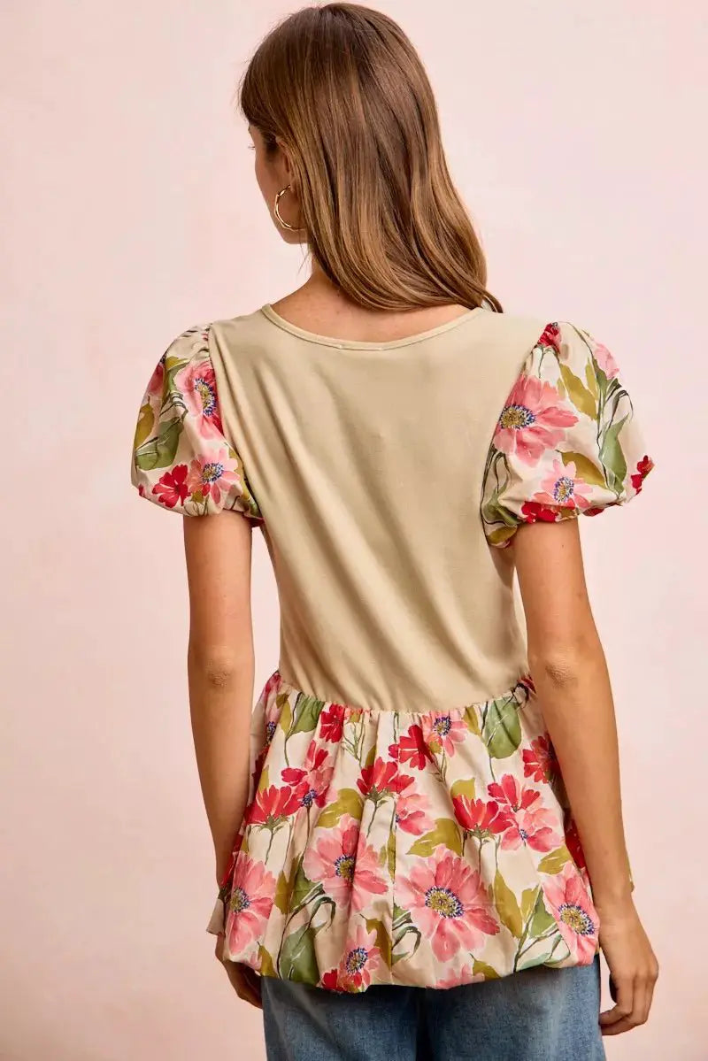 BiBi Floral Printed Bubble Sleeves and Hem Peplum Top by Trendsi
