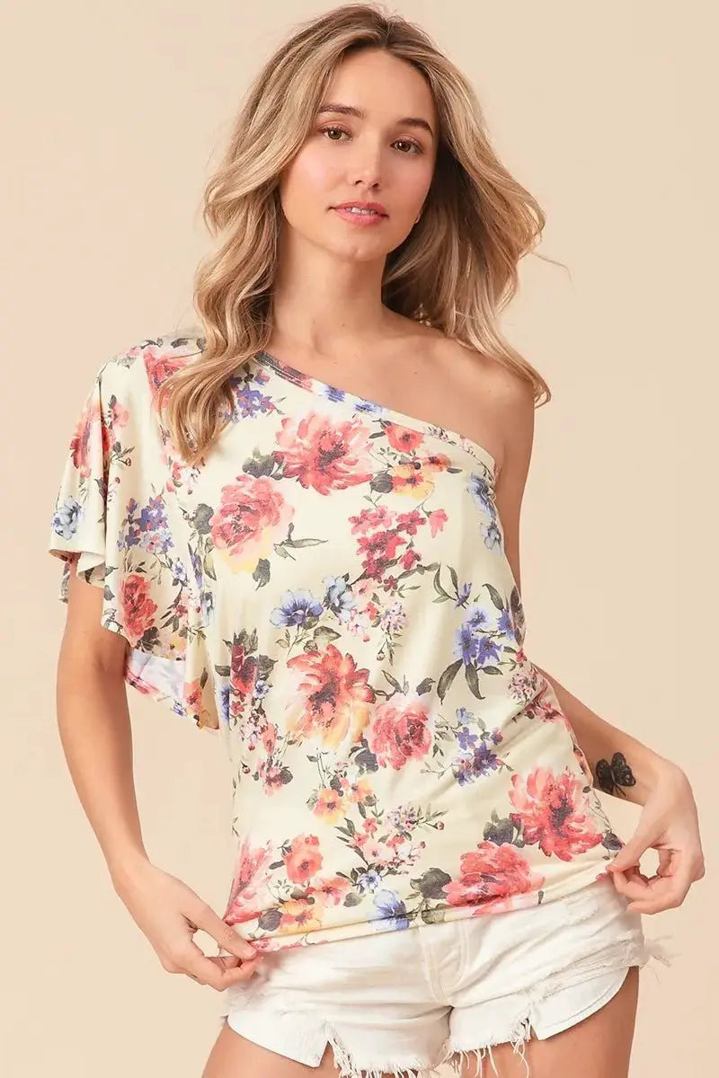 BiBi Floral Printed Jersey Knit Ruffle Sleeve Top by Trendsi
