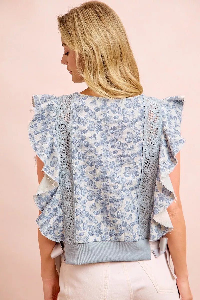 BiBi Floral Printed Twill Lace Trim Detail Side Bow Tied Top - Bitsy Gypsy Boutique