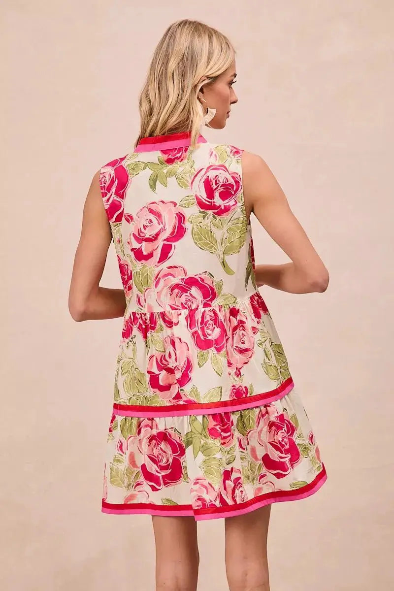 BiBi Floral Woven Contrast Edge Tiered Ruffle Mini Dress by Trendsi