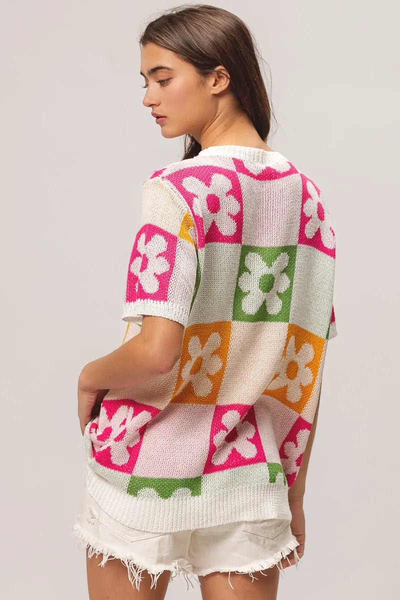 BiBi Flower Checker Pattern Lightweight Sweater Top - Bitsy Gypsy Boutique