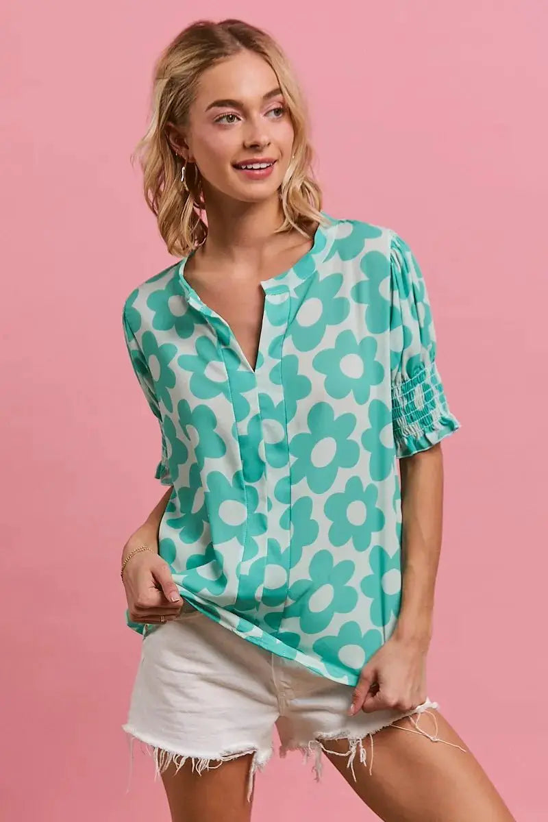 BiBi Flower Printed Woven Smocking Sleeves V Neck Top by Trendsi