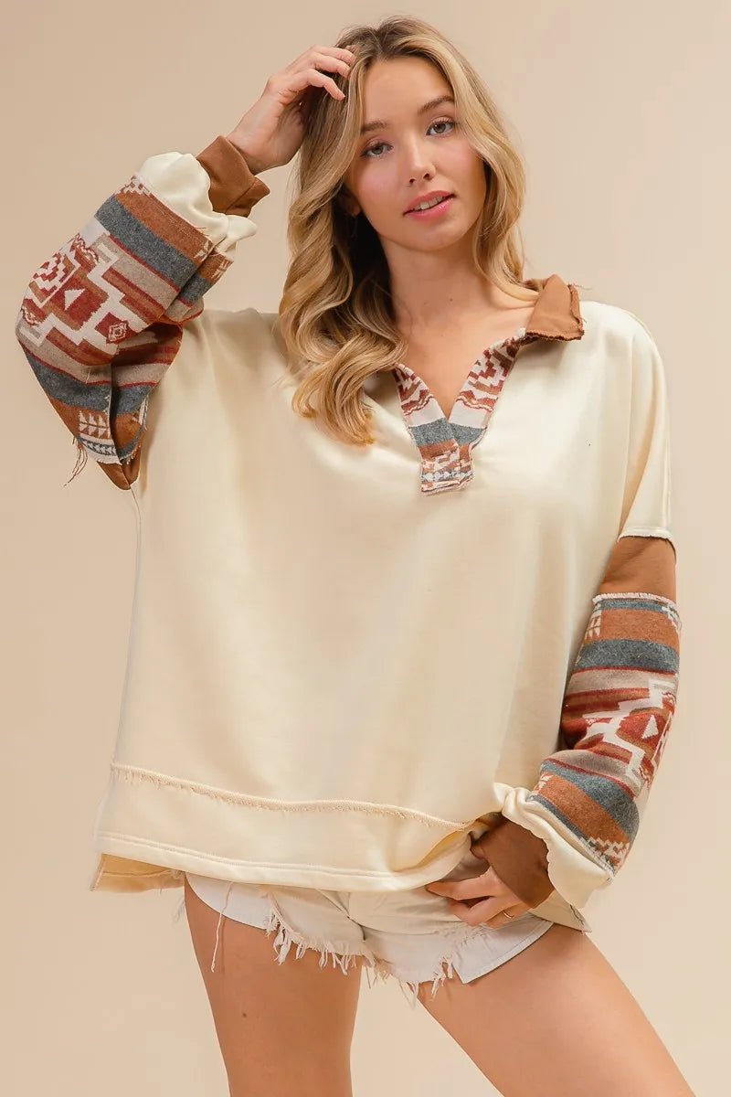 BiBi French Terry Knit and Aztec Print Mixed Top - Bitsy Gypsy Boutique