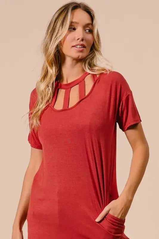 BiBi Front Cutout Mini Tee Dress with Pockets by Trendsi