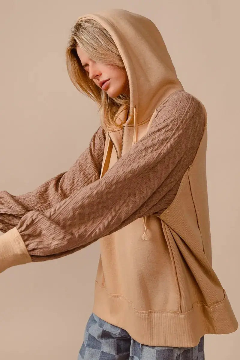 BiBi Half Zip French Terry Hoodie with Kint Sleeves by Trendsi