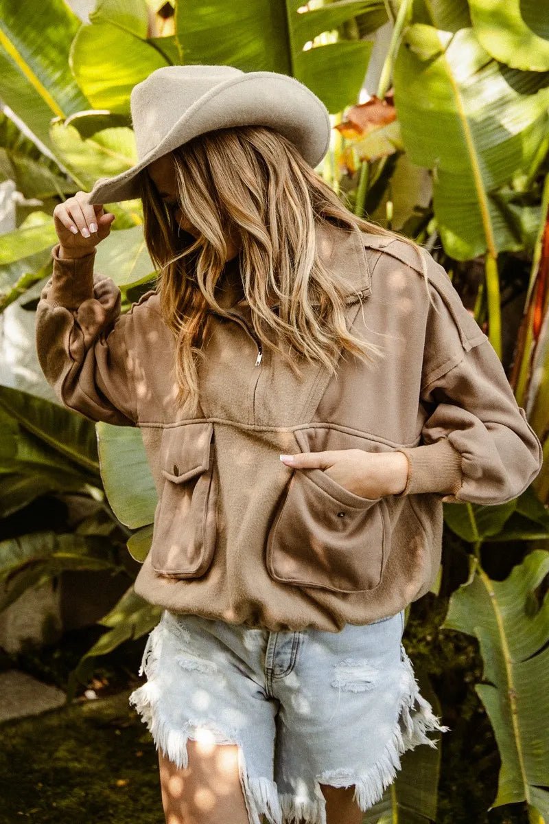 BiBi Half Zip Vintage Washed Fleece Pullover - Bitsy Gypsy Boutique