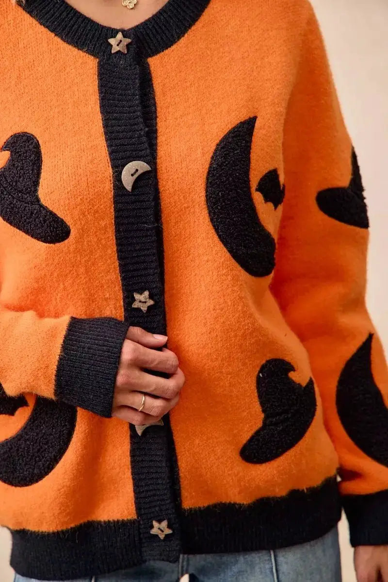 BiBi Halloween Witch Hat Moon Bat Artwork Cardigan by Trendsi