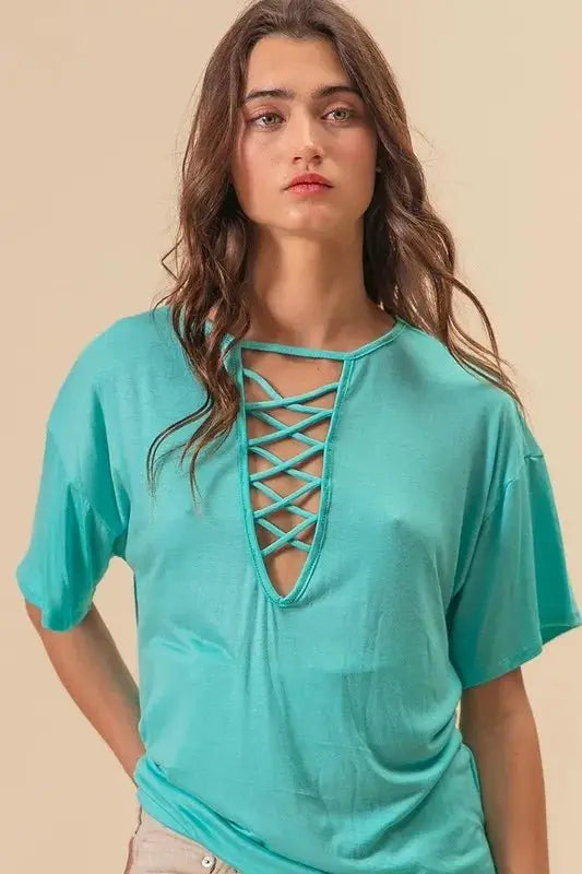 BiBi Jersey Knit Top with Criss Cross Front Neck Detail by Trendsi