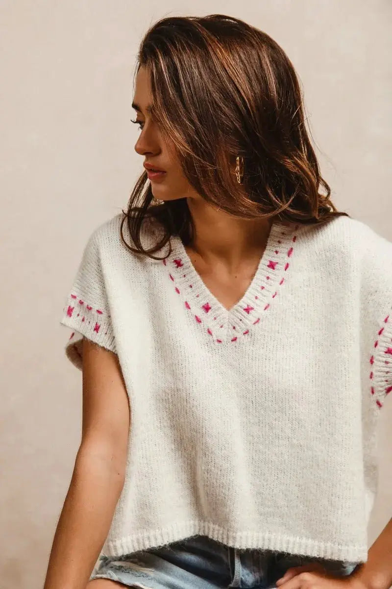 BiBi Knit Solid Contrast Stitch Detail Short Sleeves Sweater by Trendsi