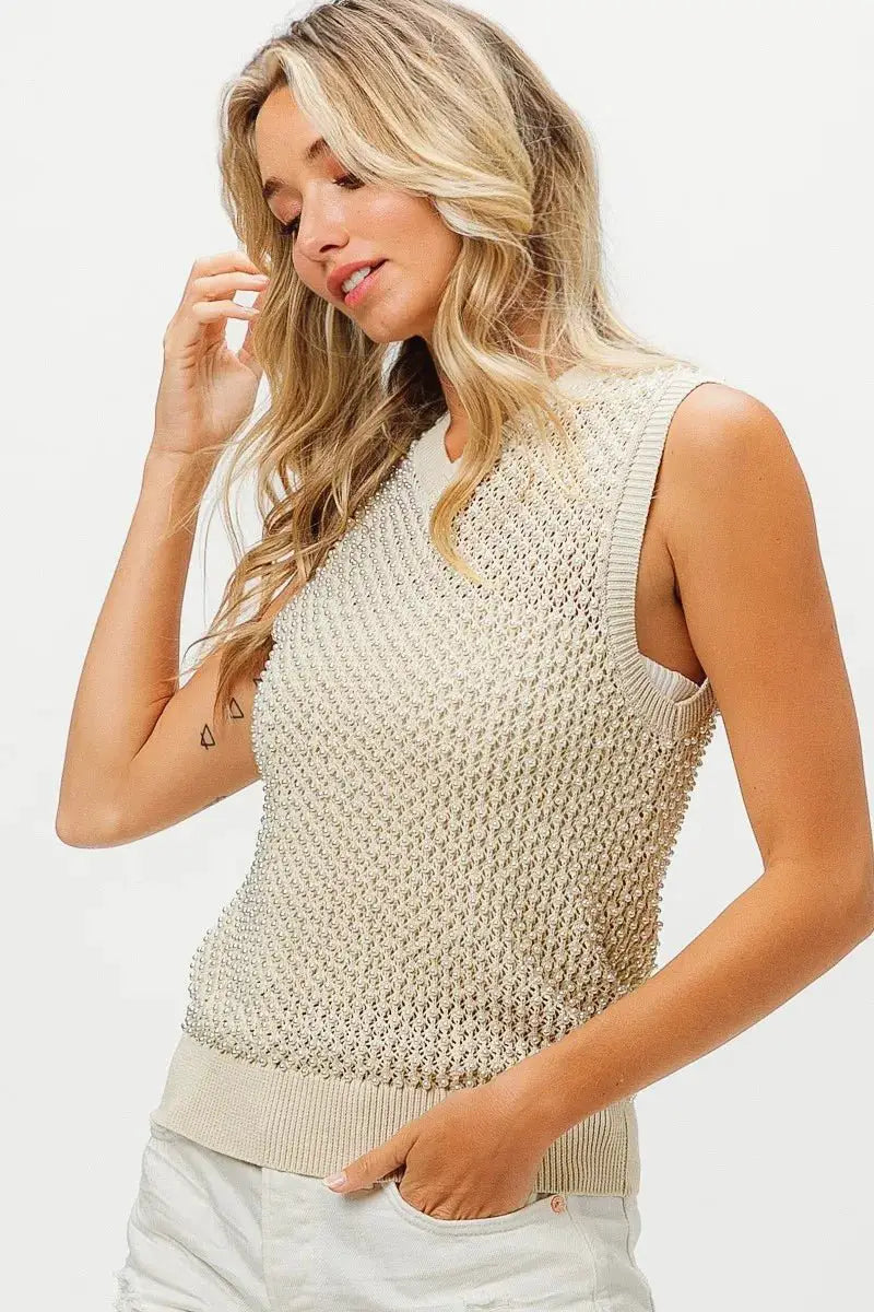 BiBi Knitted Beaded Pearl V Neck Sleveless Top by Trendsi