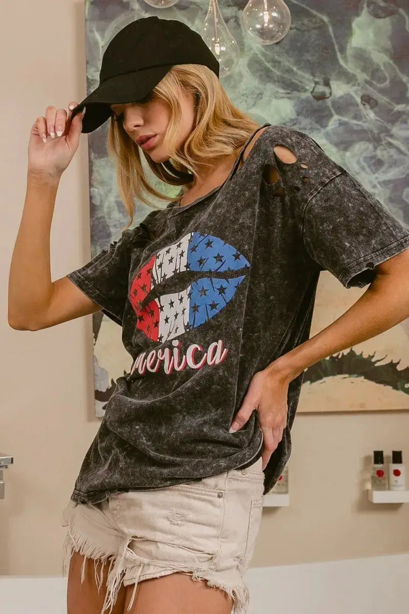 BiBi Laser Cut Mineral Washed Old Glory Lip Print Top by Trendsi