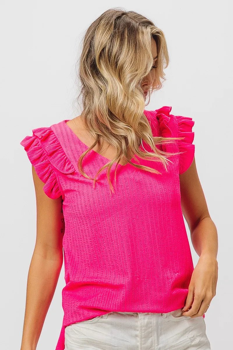 BiBi Layered Ruffles Armhole V - neck Rib Textured Top - Bitsy Gypsy Boutique