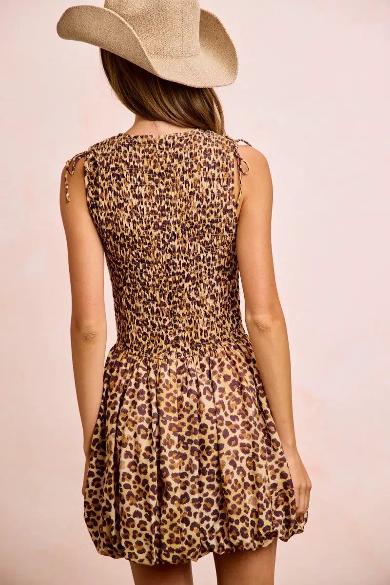 BiBi Leopard Bow Tie Attachable Puff Sleeves Dress by Trendsi