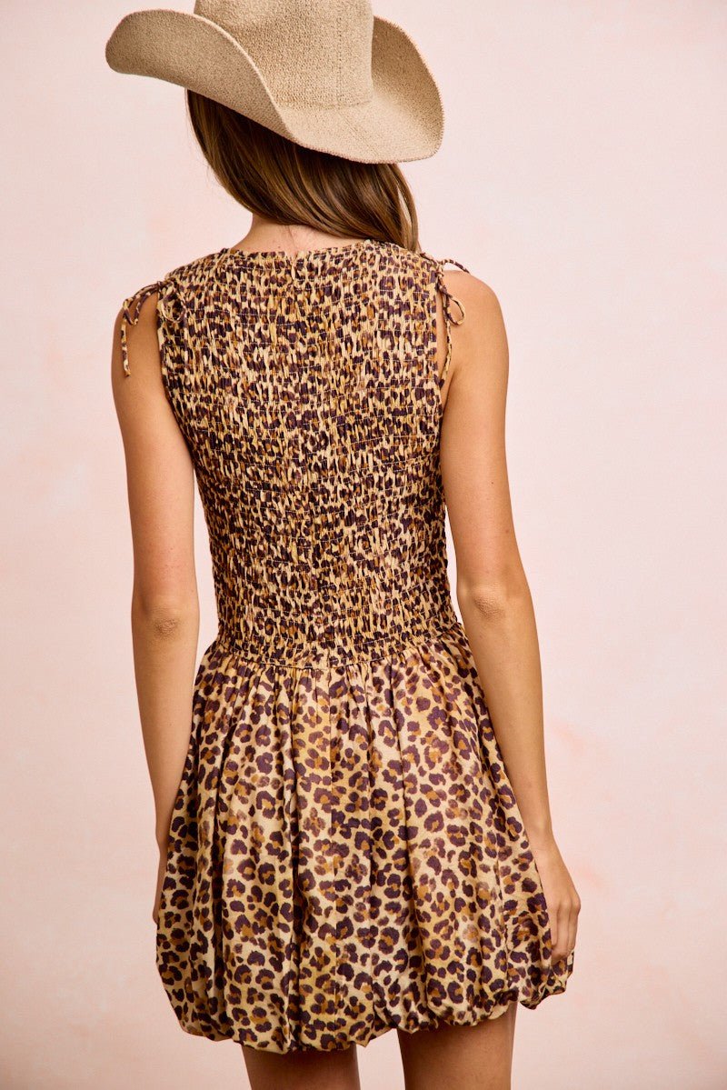 BiBi Leopard Bow Tie Attachable Puff Sleeves Dress - Bitsy Gypsy Boutique