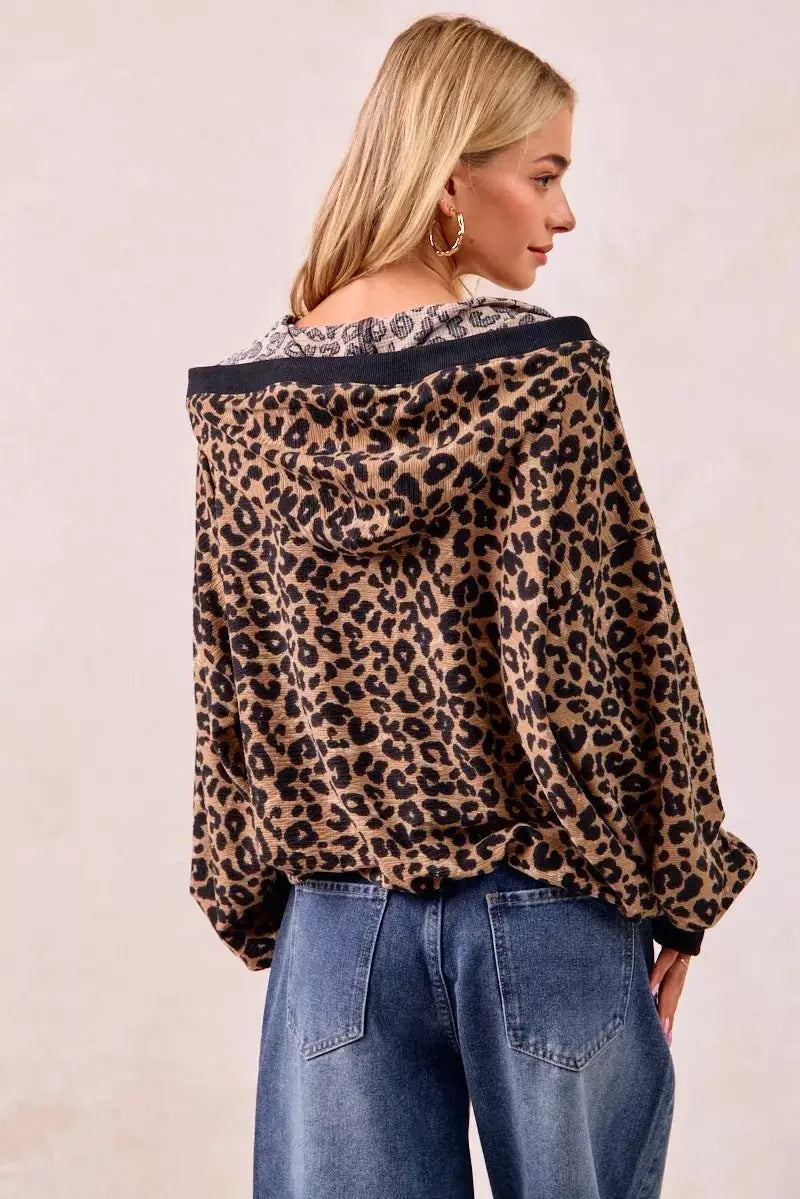 BiBi Leopard Print Waffle Half Zip Up Hoodie W Pocket by Trendsi