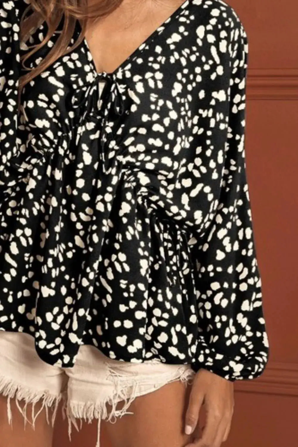 BiBi Leopard Woven Tied Spaghetti V Neck Lslv Top by Trendsi