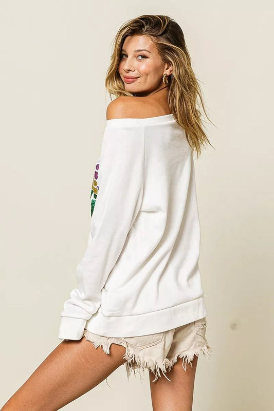 BiBi Mardi Gras Glitter Lettering Sweatshirt - Bitsy Gypsy Boutique