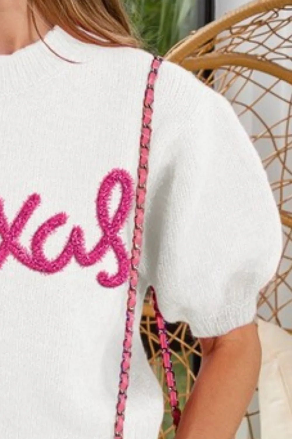 BiBi Metallic Letter Short Puff Sleeve Hairy Sweater - Bitsy Gypsy Boutique