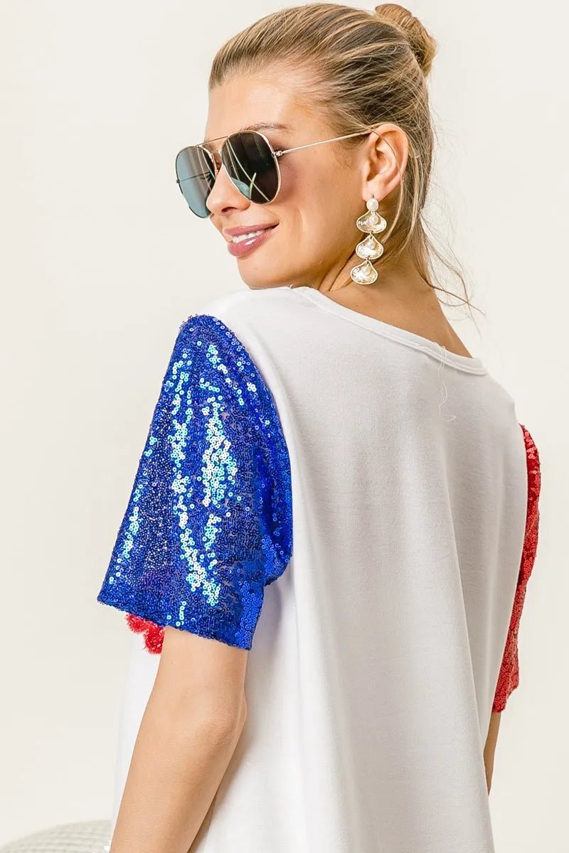 BiBi Metallic Letter V - neck Sequin Sleeves Top - Bitsy Gypsy Boutique