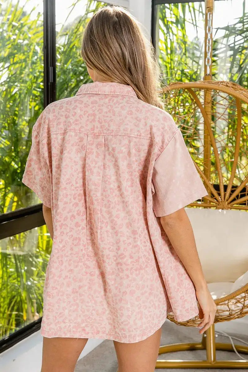 BiBi Mineral Washed Leopard Print Short Sleeve Shirt by Trendsi