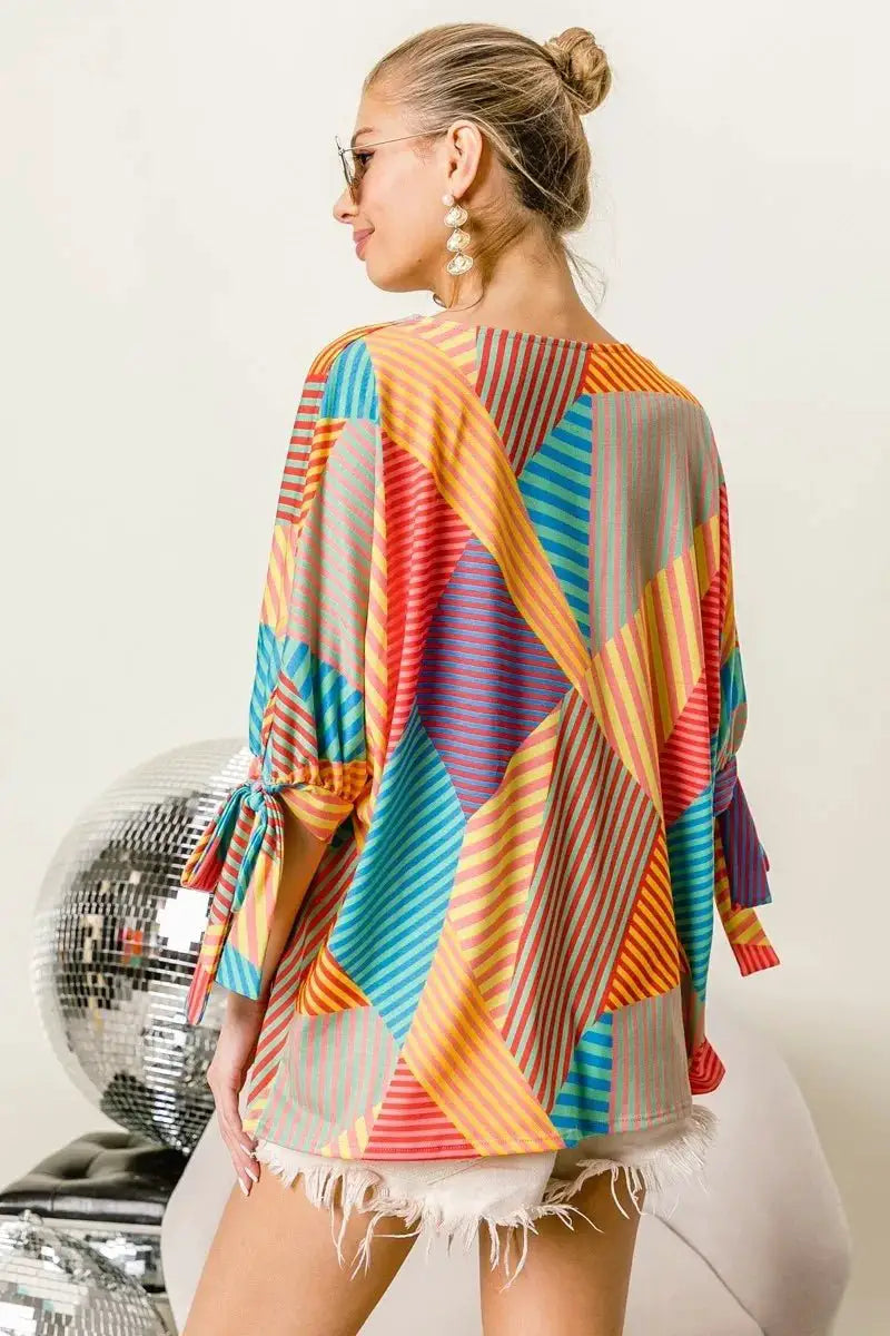 BiBi Multi Stripe Block Printed Jersey Blouse with Tied Sleeves by Trendsi