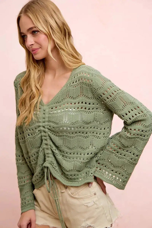 BiBi Pointelle Knit V Neck Ruched Front Lightweight Top - Bitsy Gypsy Boutique