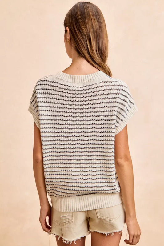 BiBi Pointelle Stripes Sleeveless Drop Shoulder Lightweight Sweater Top - Bitsy Gypsy Boutique