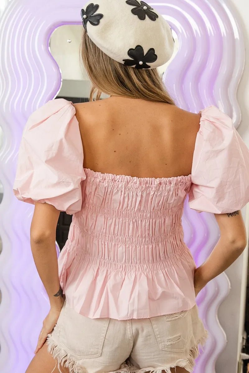 BiBi Puff Sleeve Square Neck Smocked Peplum Top - Bitsy Gypsy Boutique