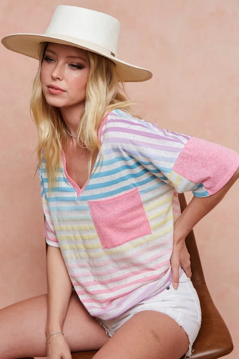 BiBi Rainbow Stripe Printed Triblend Knit Top - Bitsy Gypsy Boutique