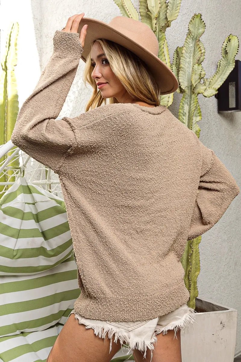 BiBi Raw Edged Popcorn Texture V - neck Sweater - Bitsy Gypsy Boutique