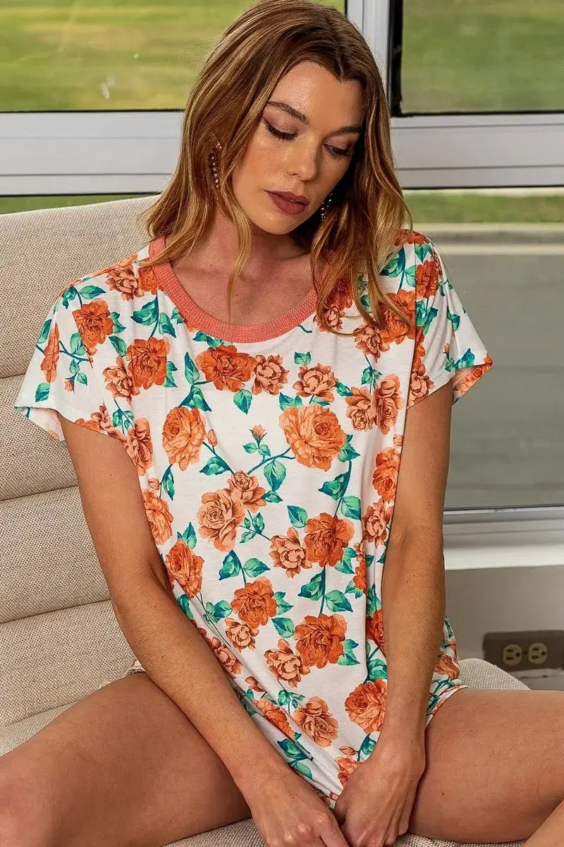 BiBi Rose Print Thermal Neck Binding Dolman Sleeves Top by Trendsi