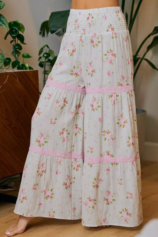 BiBi Rose Printed Gauze Trim Detail Smocked Maxi Pants - Bitsy Gypsy Boutique