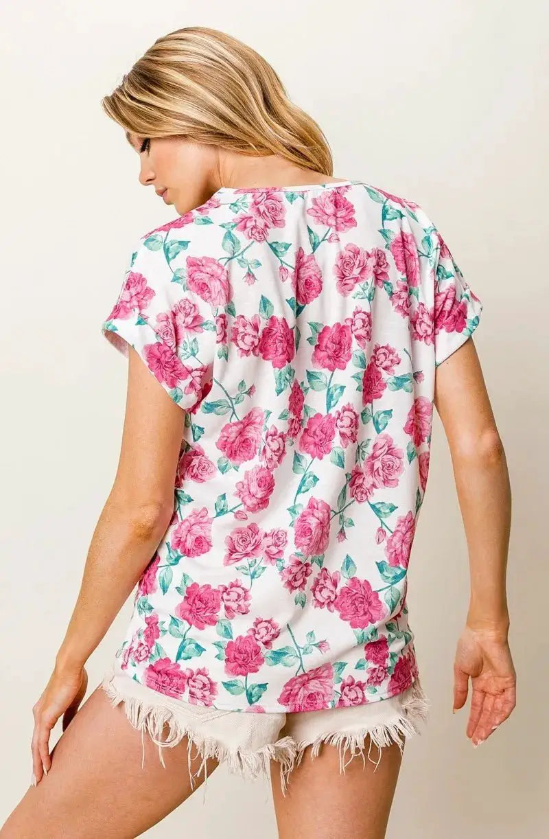 BiBi Rose Printed Poly Span with Crochet Lace Top by Trendsi